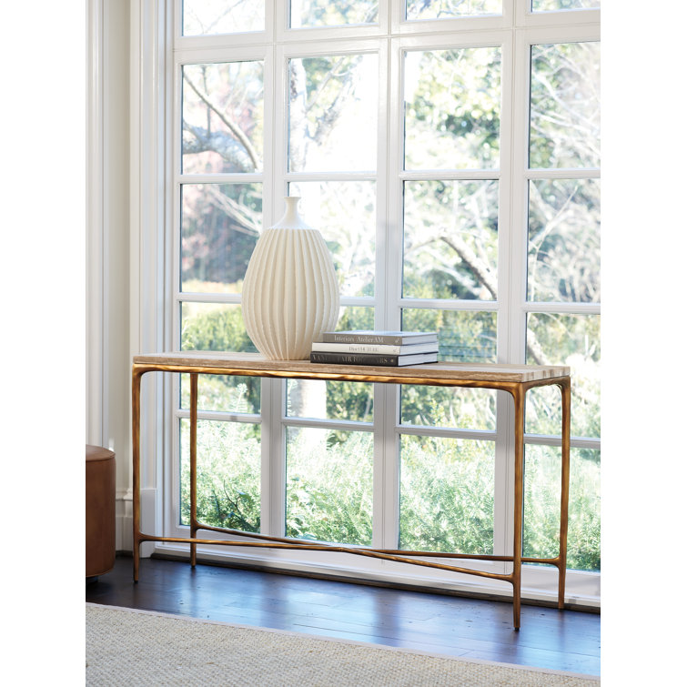 64" Gold and Beige Stone Top Rectangular Console Table