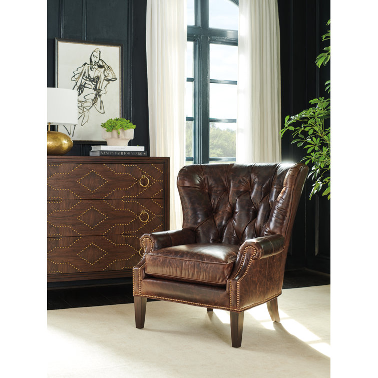 Silverado Atwater Walnut Leather Accent Chair with Brass Nailhead Trim