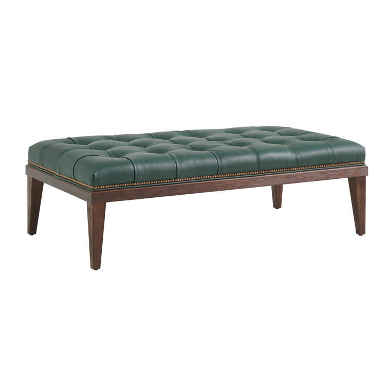 Walnut Tufted Leather Ottoman with Brass Nail Trim