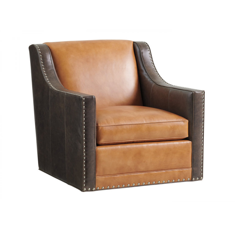 Walnut Brown Leather Accent Chair with Pewter Nail Trim