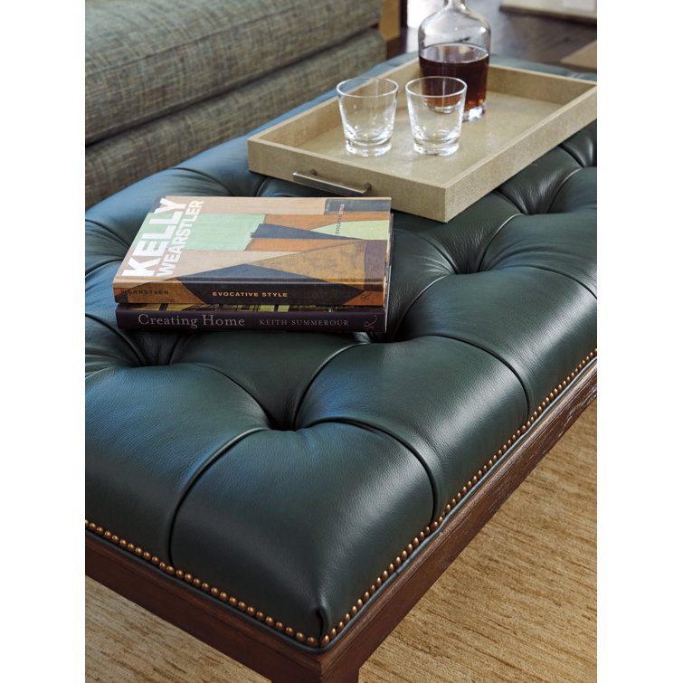 Walnut Tufted Leather Ottoman with Brass Nail Trim