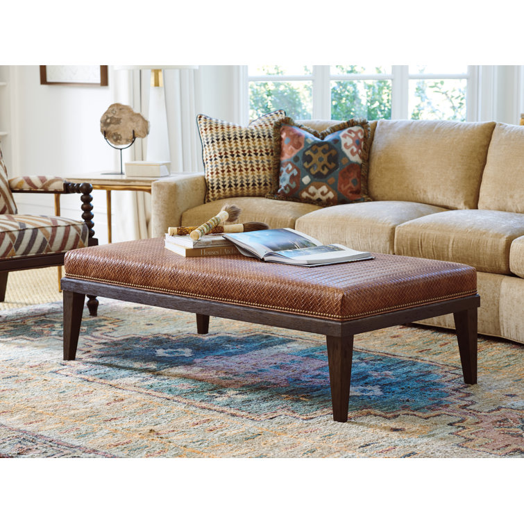 Walnut Tufted Leather Cocktail Ottoman with Old Brass Nail Trim