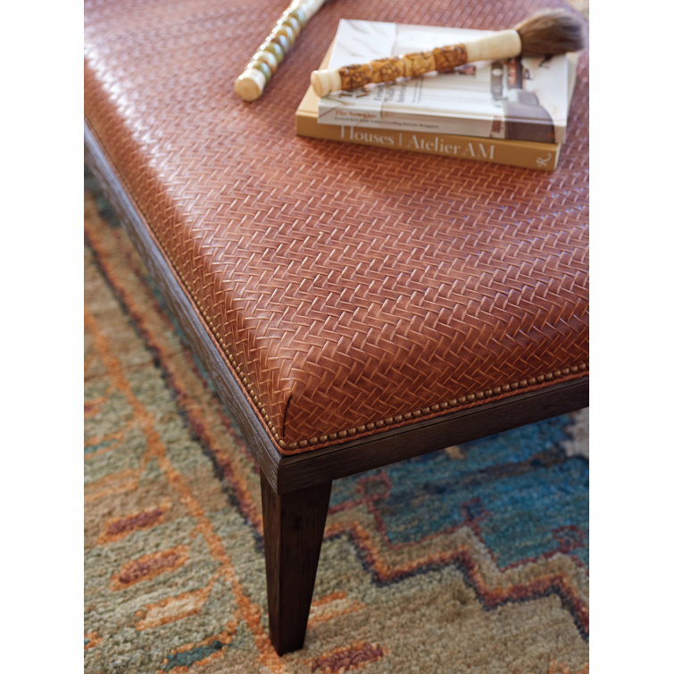 Walnut Tufted Leather Cocktail Ottoman with Old Brass Nail Trim