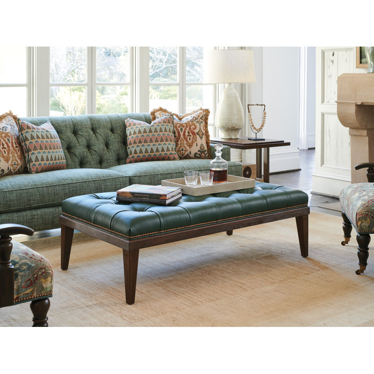 Walnut Tufted Leather Ottoman with Brass Nail Trim