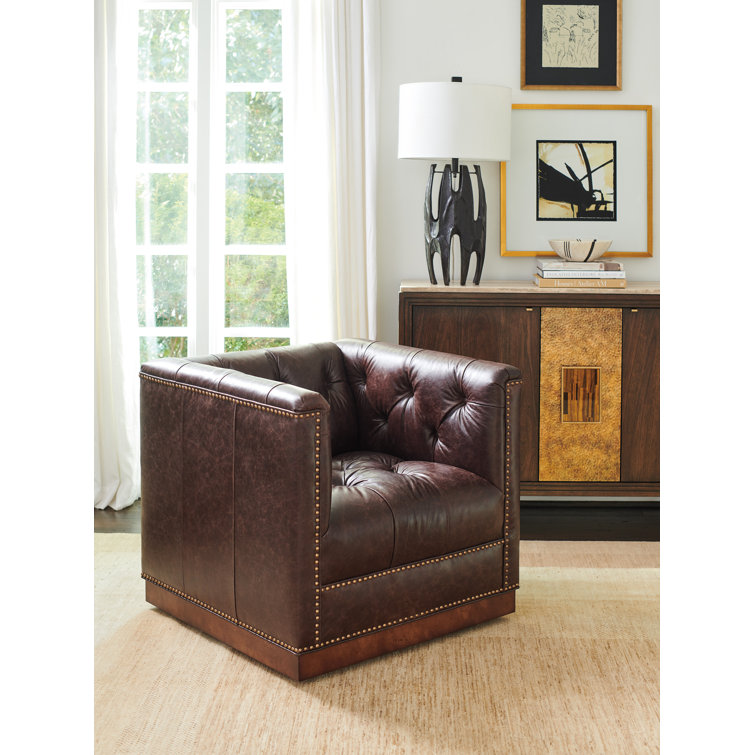 Umbria Walnut and Leather Swivel Accent Chair