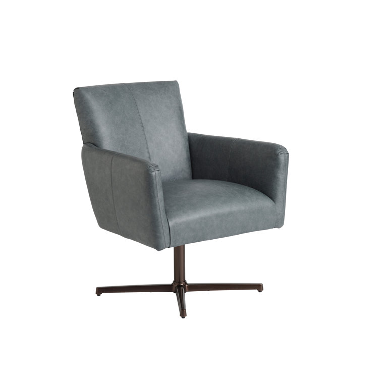 Elegant Gray Leather Swivel Armchair with Bronze Metal Legs