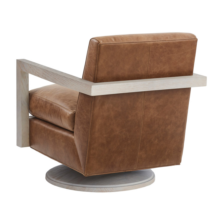 Portola Brown Leather Swivel Armchair with Wood Frame