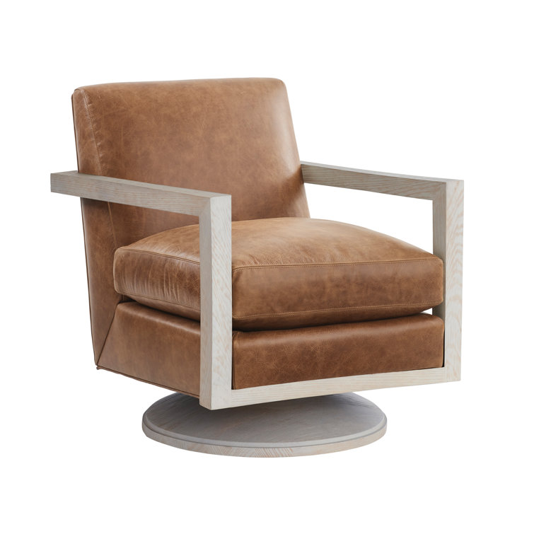 Portola Brown Leather Swivel Armchair with Wood Frame