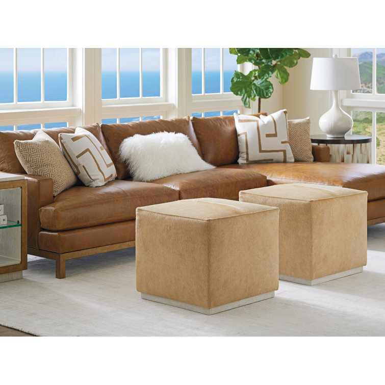 Beige Leather Upholstered Square Ottoman