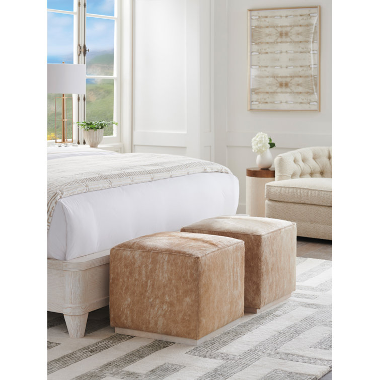 Beige Leather Upholstered Square Ottoman