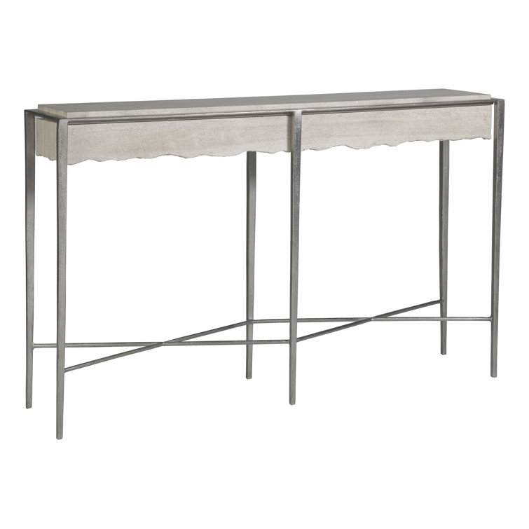 Beige and Silver Rectangular Stone and Metal Console Table