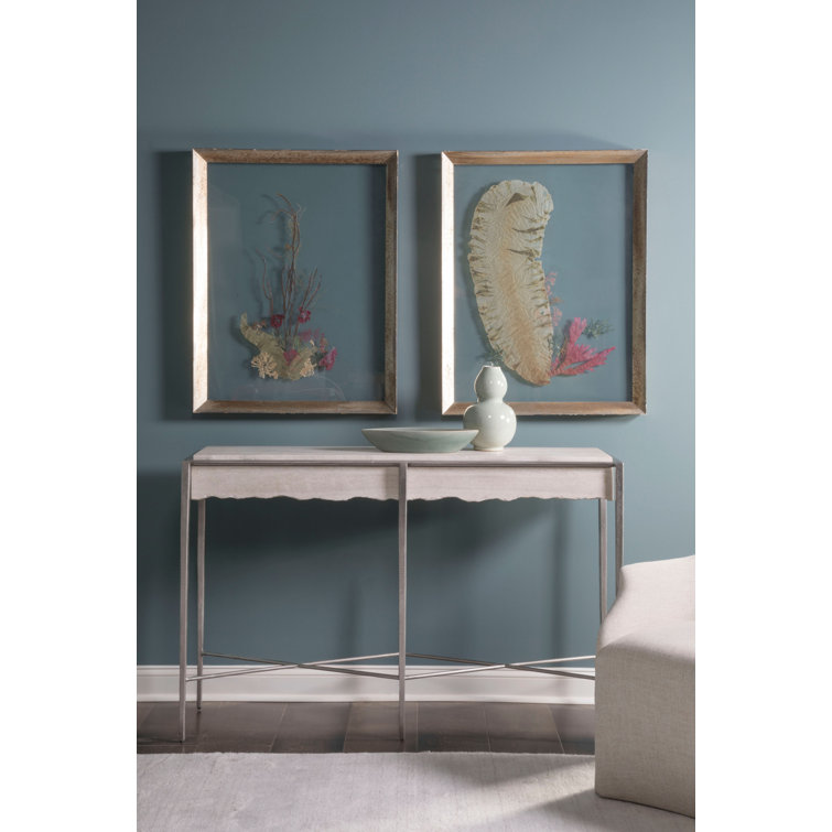 Beige and Silver Rectangular Stone and Metal Console Table