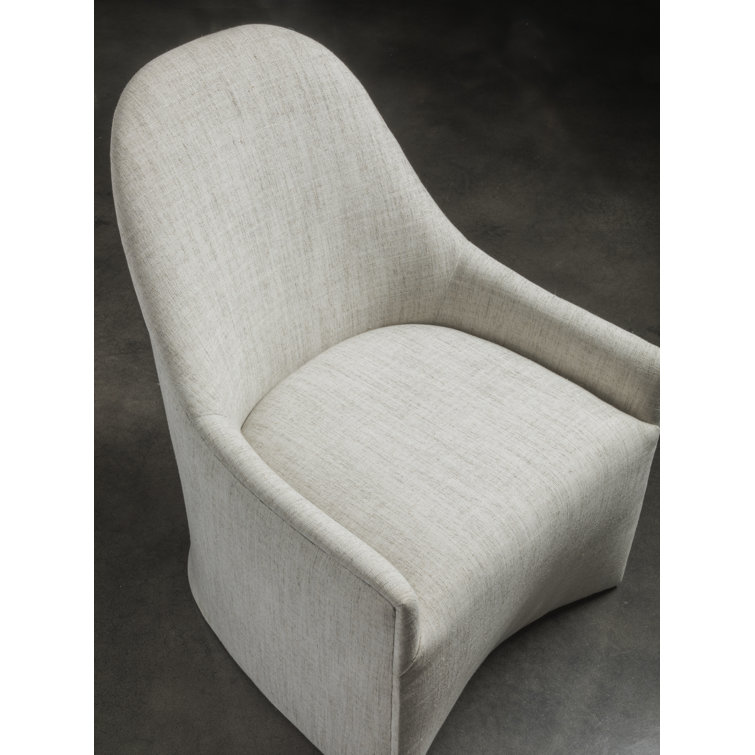 Misty Gray Linen Upholstered Side Chair with Brushed Brass Casters