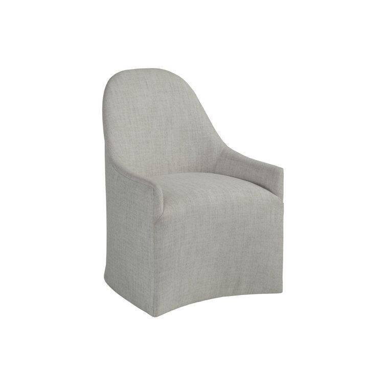 Misty Gray Linen Upholstered Side Chair with Brushed Brass Casters
