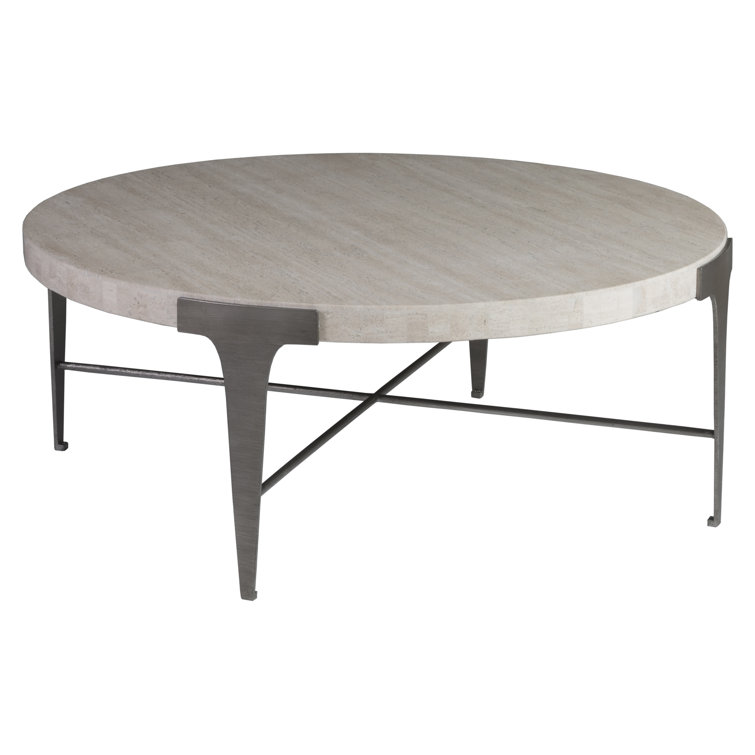 Modern Beige 42" Round Metal Cocktail Table with Travertine Top