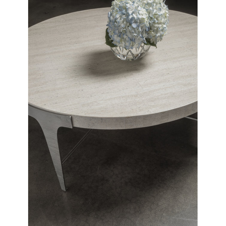 Modern Beige 42" Round Metal Cocktail Table with Travertine Top
