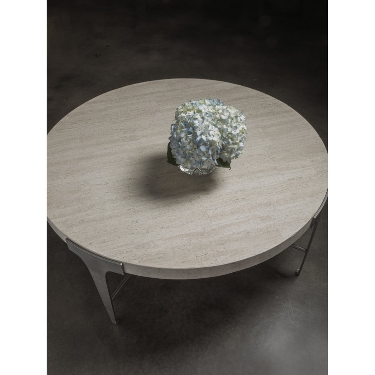 Modern Beige 42" Round Metal Cocktail Table with Travertine Top