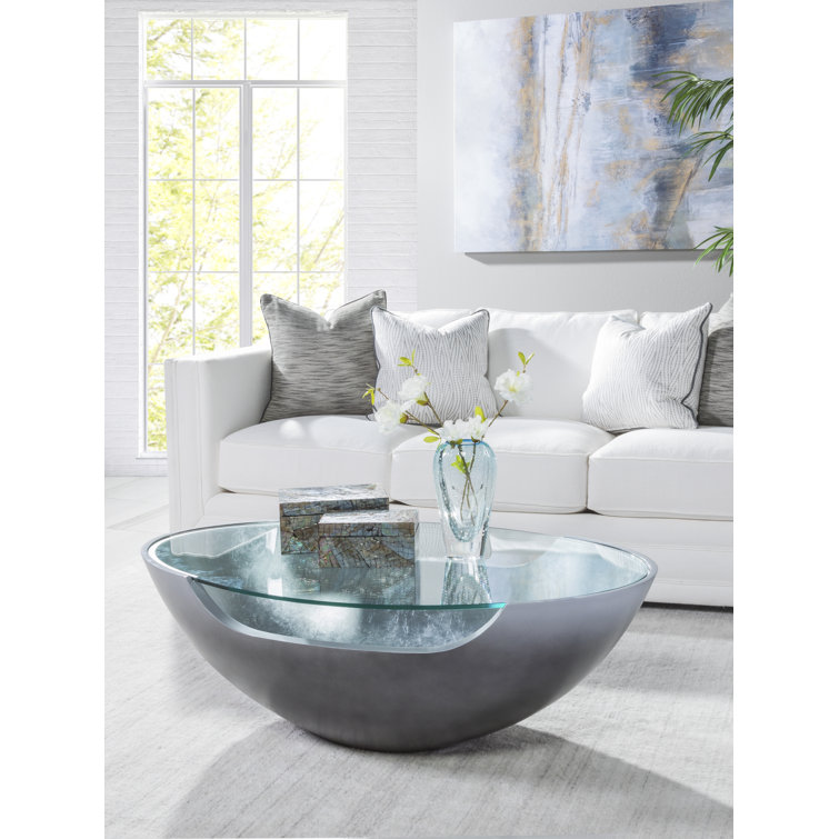 Modern Oval Glass Coffee Table with Silver Ombre Effect