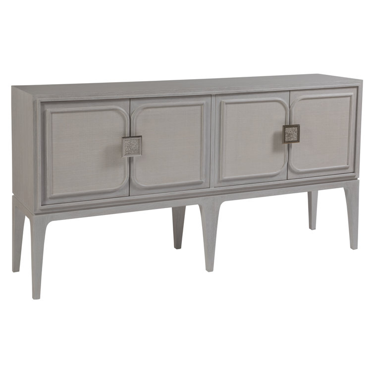 Transitional Gray 61.75'' Oak Media Console with Raffia Cabinet Doors