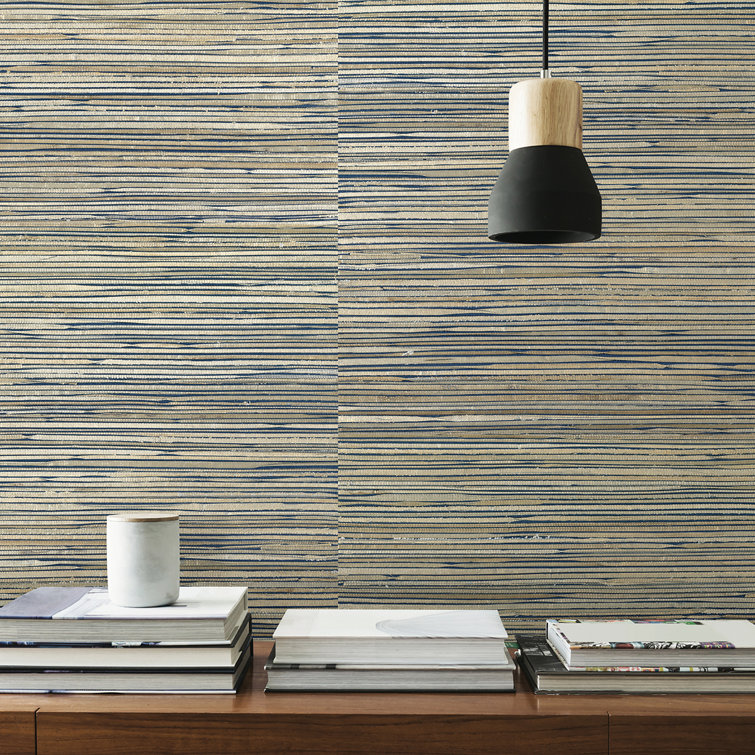 Champagne and Teal Striped Grasscloth Wallpaper Roll