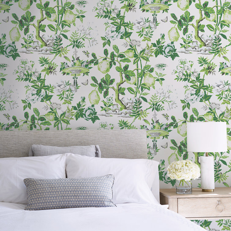 Green and White Floral Self-Adhesive Vinyl Wallpaper