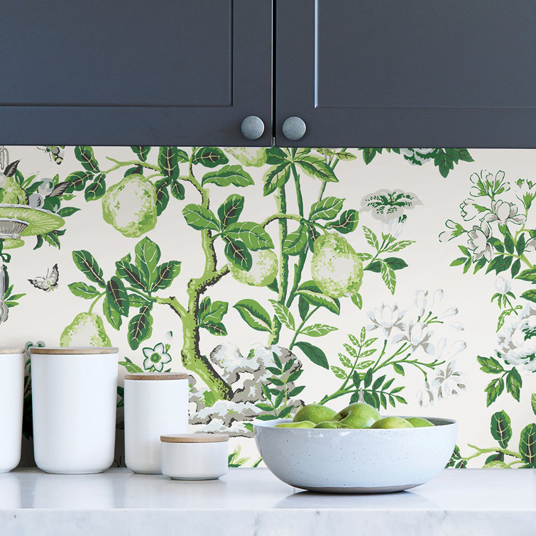 Green and White Floral Self-Adhesive Vinyl Wallpaper