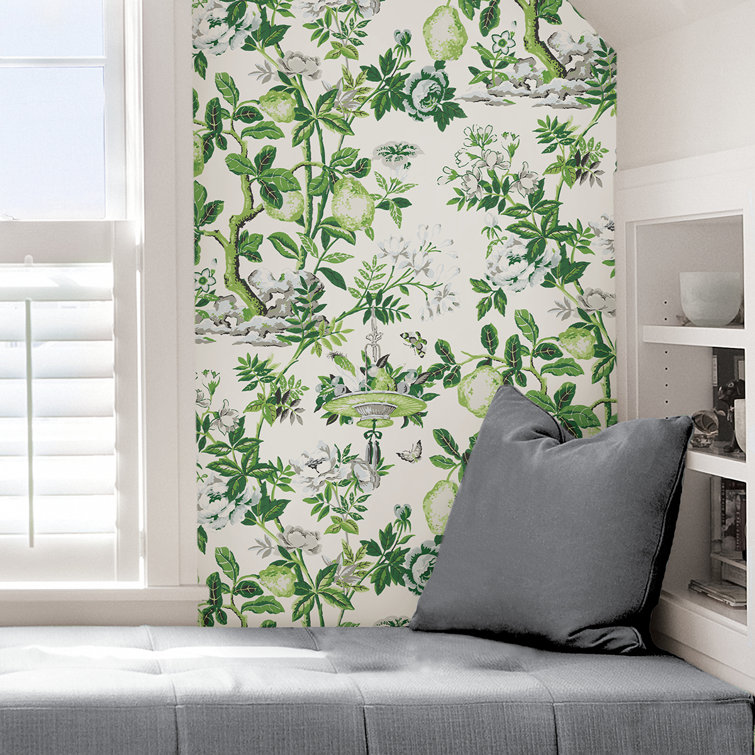 Green and White Floral Self-Adhesive Vinyl Wallpaper