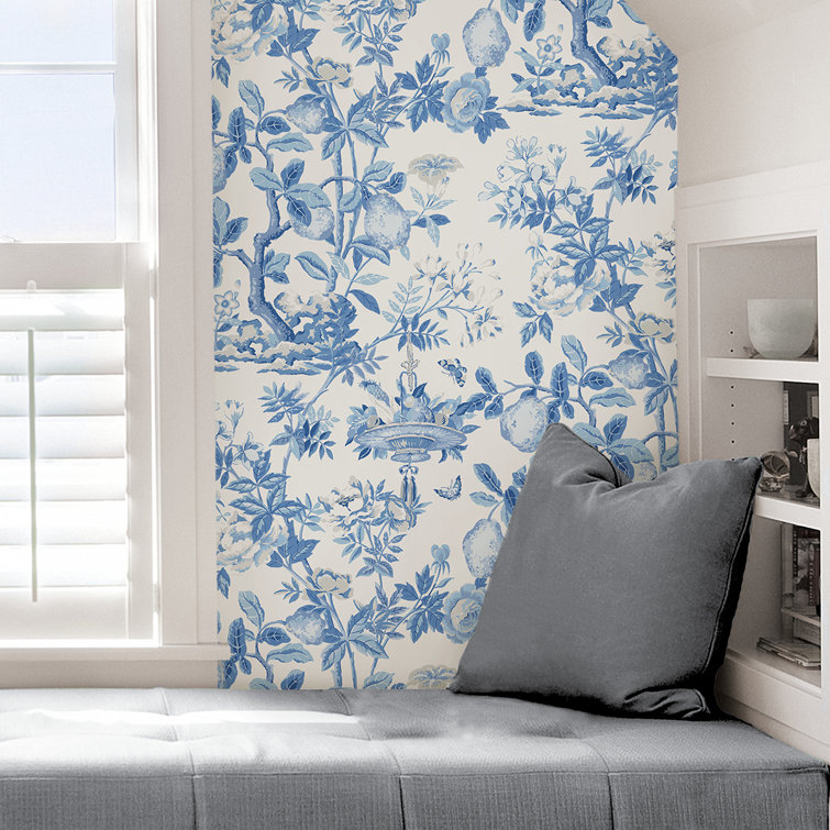 Blue Floral Self-Adhesive Peel and Stick Wallpaper Roll