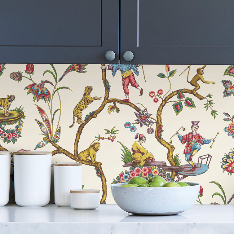 White Chinoise Exotique Multicolor Self-Adhesive Vinyl Wallpaper