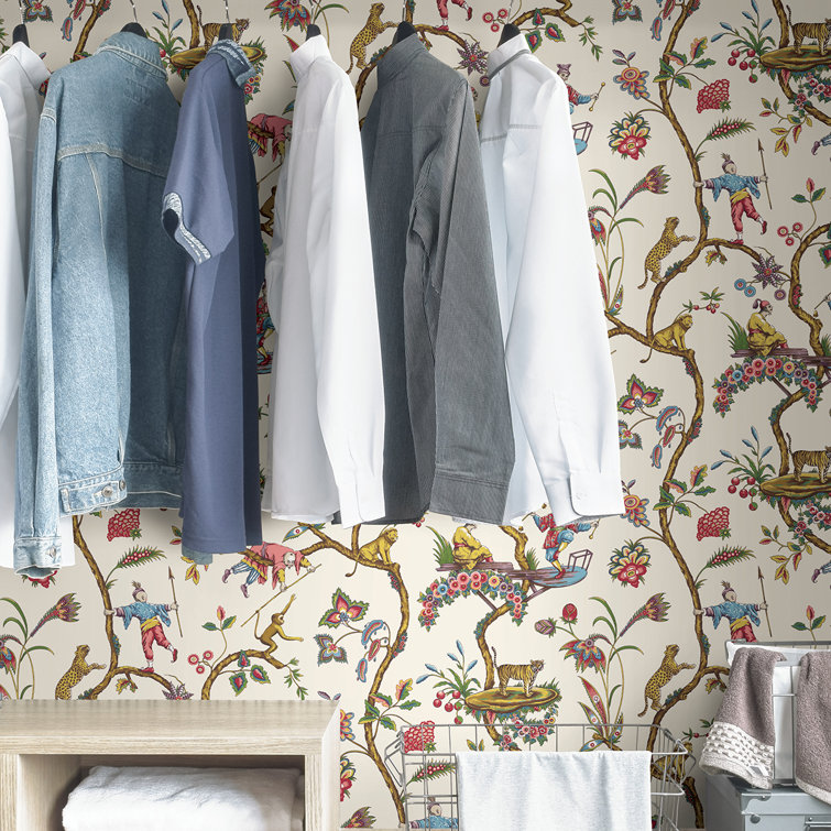 White Chinoise Exotique Multicolor Self-Adhesive Vinyl Wallpaper