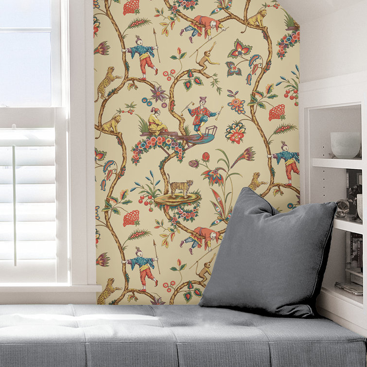 Ecru Chinoiserie Exotic Multicolor Vinyl Peel & Stick Wallpaper