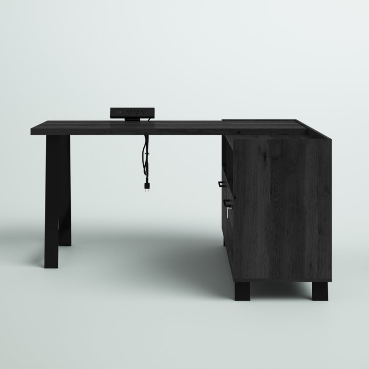 Gray Oak L-Shaped Computer Desk with Power Outlet and Filing Cabinet