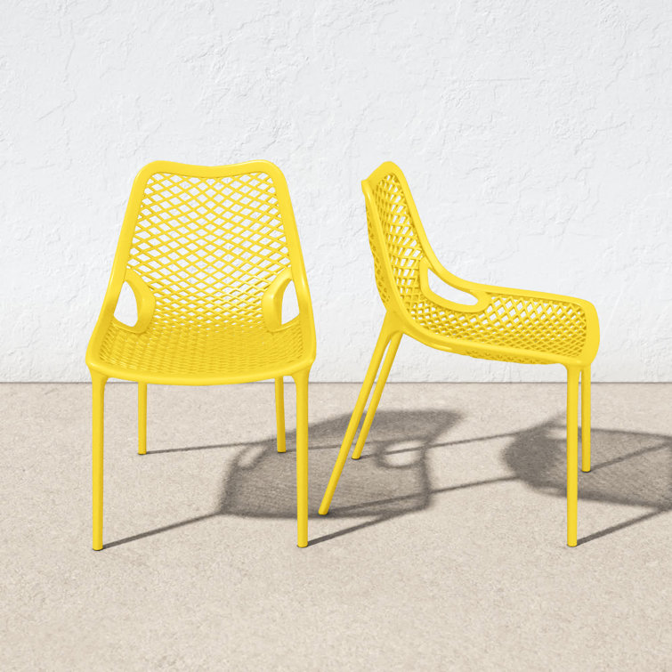 Yellow Stackable UV Resistant Plastic Outdoor Dining Chairs, Set of 2