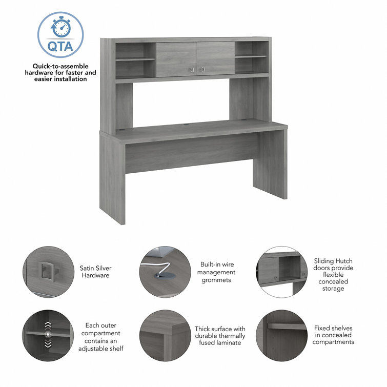 Modern Gray 72" Wood Desk with Hutch and Filing Cabinet