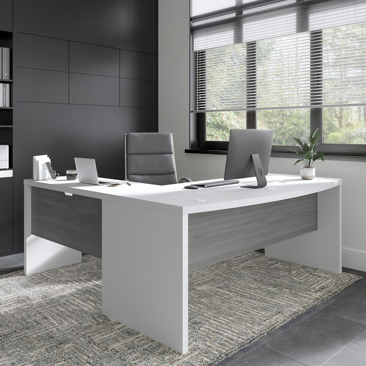 Contemporary White & Gray L-Shaped Desk with Filing Cabinet