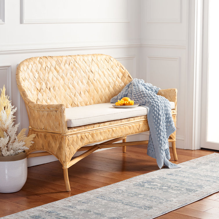 Natural Honey Rattan Woven Sofa Bench with White Cushion