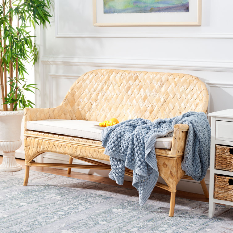 Natural Honey Rattan Woven Sofa Bench with White Cushion