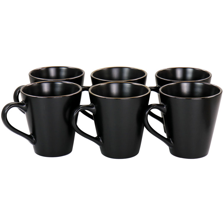 Matte Black Ceramic Mugs with Gold Trim, Set of 6