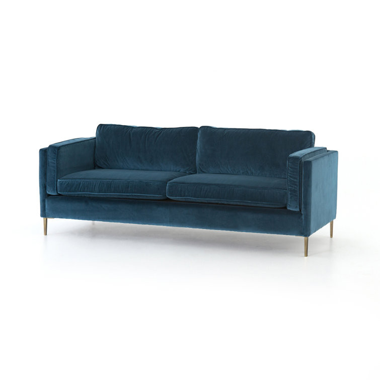 Sapphire Blue Velvet Sofa with Antique Brass Legs