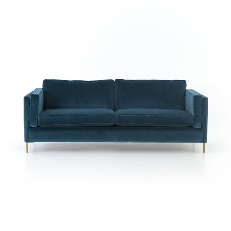 Sapphire Blue Velvet Sofa with Antique Brass Legs