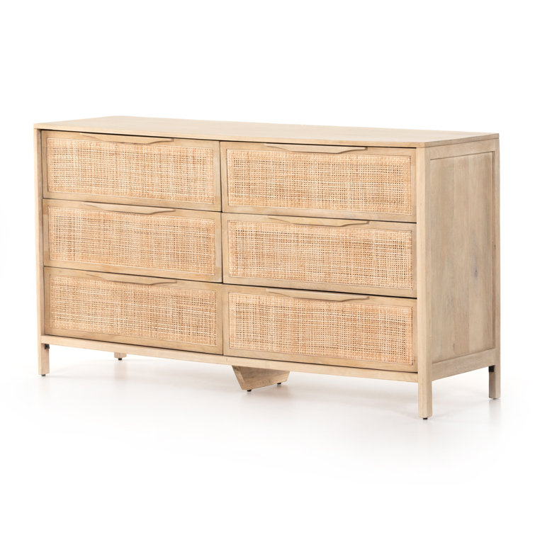 Coastal Charm Double Dresser with Mirror in Natural Mango & Woven Cane