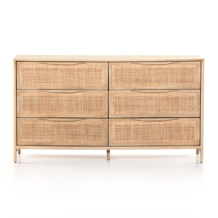 Coastal Charm Double Dresser with Mirror in Natural Mango & Woven Cane