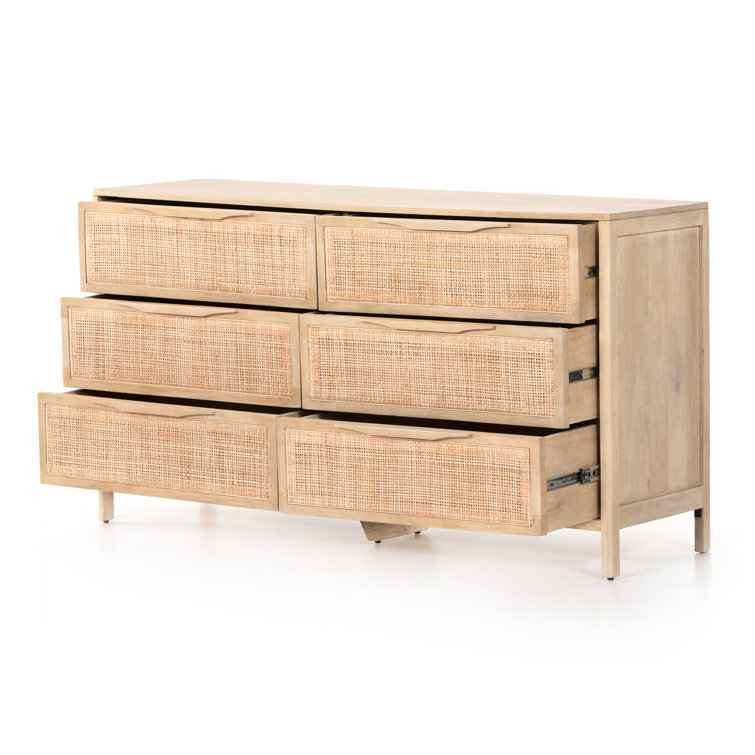 Coastal Charm Double Dresser with Mirror in Natural Mango & Woven Cane