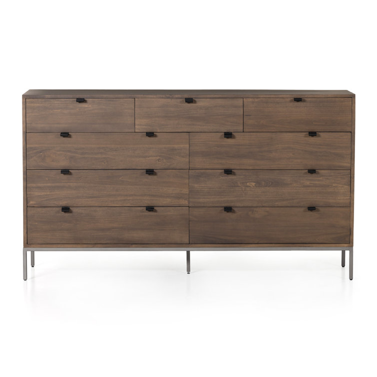 Auburn Poplar 70'' Mid-Century Double Dresser with Leather Pulls