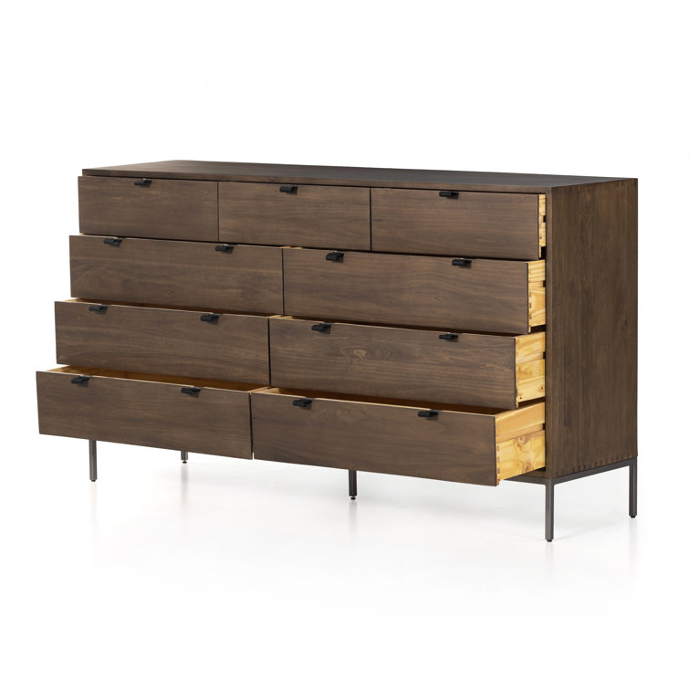 Auburn Poplar 70'' Mid-Century Double Dresser with Leather Pulls