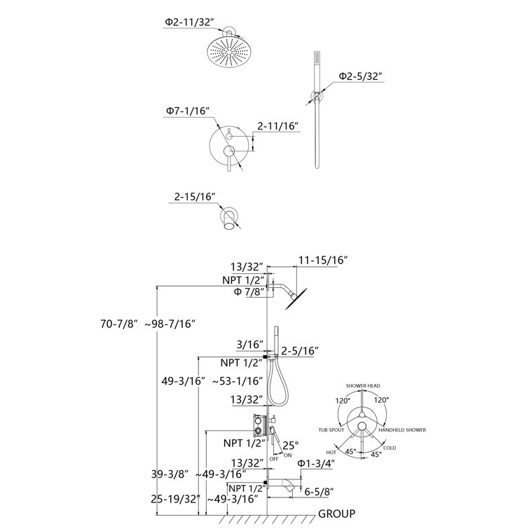 Brushed Nickel Multi-Head Rain Shower System with Handheld