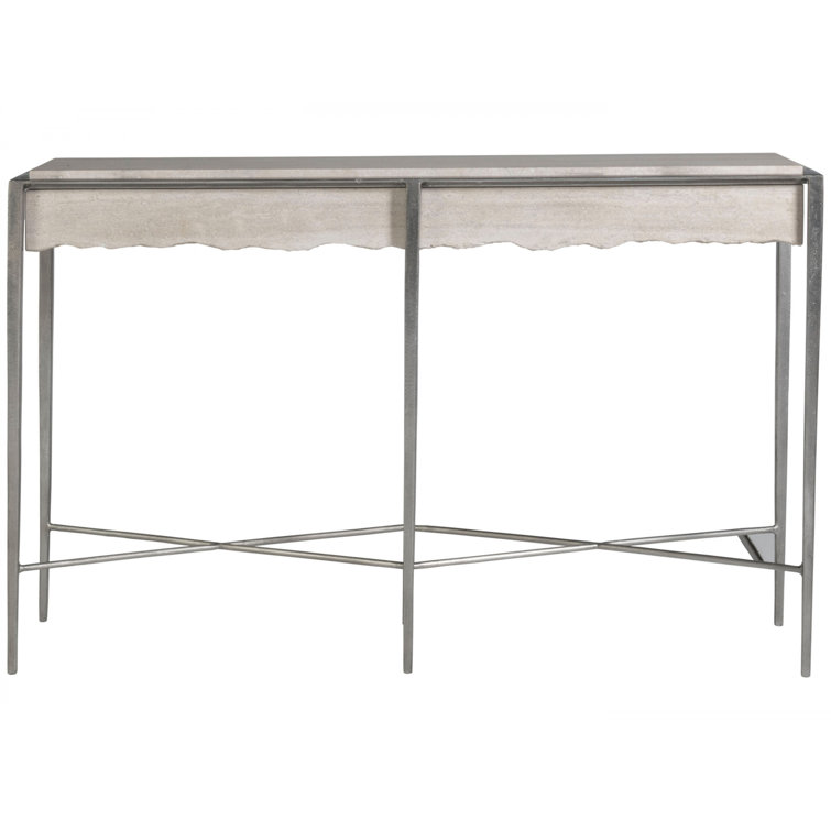Beige and Silver Rectangular Stone and Metal Console Table