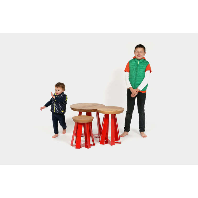 Oak and Red Round Pedestal End Table with Metal Base