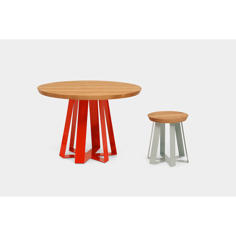 Industrial Round Walnut Wood Dining Table with Orange Steel Base, 42"W
