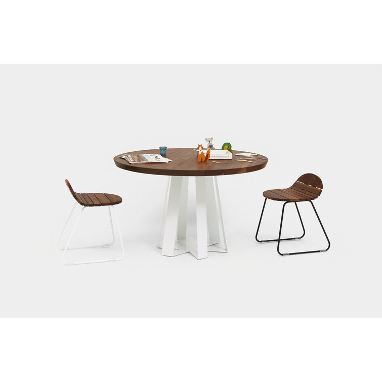 Modern Round Walnut Dining Table with Hexagon Steel Base